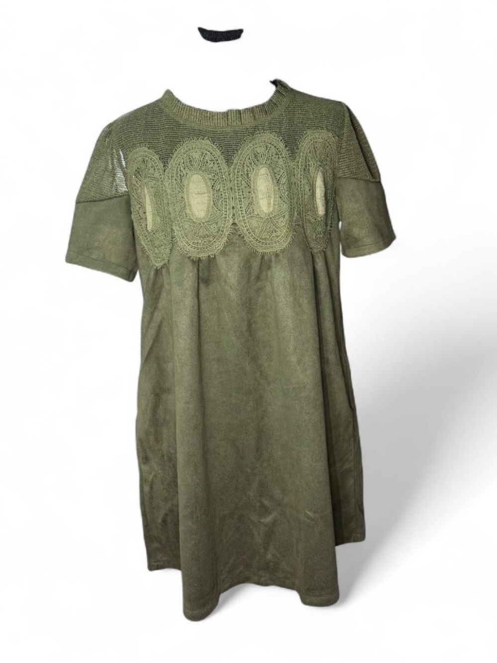 Olive Green Faux Suede Boho Mini Dress Lace Cutout Detail Womens Small NEW